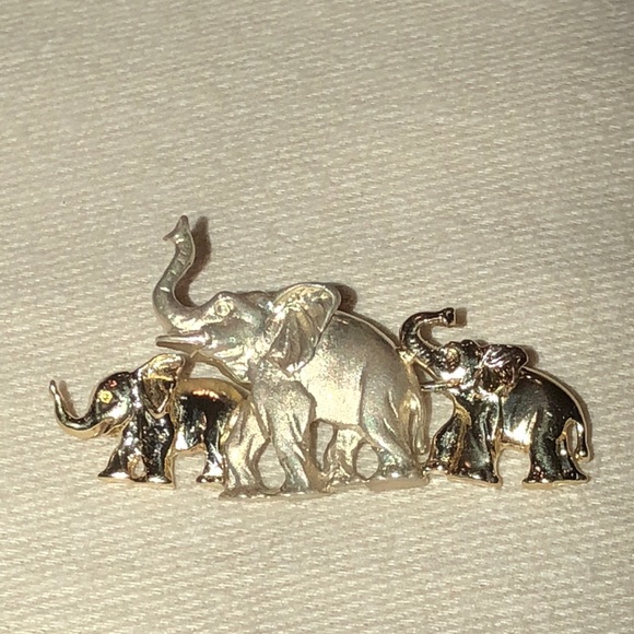 14K Gold & SS 925 Elephants Brooch - Picture 1 of 5